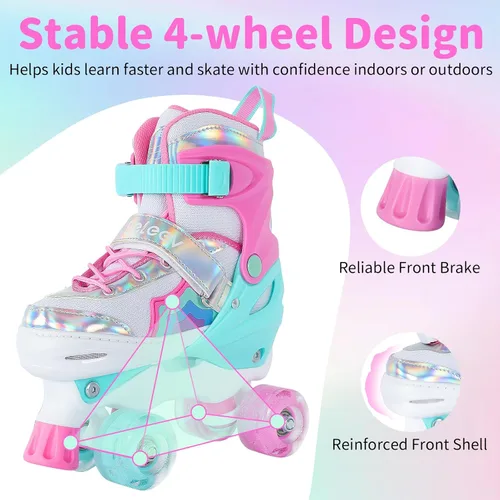 Miniatura 6 de BELEEV Patines de ruedas para niñas, 4 tamaños ajustables con 8 ruedas LED iluminadas y cordones de zapatos, seguros y divertidos para niños