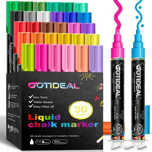 GOTIDEAL Rotuladores de Tiza, 30 Colores de Marcadores de Tiza Líquida para Pizarra, Calendario, Vidrio, Lápices de Neón, Marcadores Lavables para