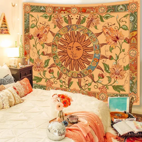 Miniatura 4 de Tapiz amarillo con sol y luna, vintage, bohemio, para colgar en la pared con girasoles, mariposa, polilla, constelación, tapices de pared