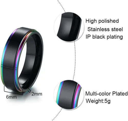 Miniatura 2 de MPRAINBOW Anillo de boda personalizado de acero inoxidable de 0.236in, anillo de arco iris grabado personalizado, anillo de compromiso de boda
