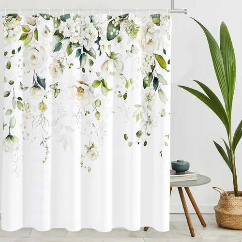 Miniatura 3 de Tititex Blomming - Cortina de ducha floral blanca brillante, hojas verdes acuarela en la parte superior, decoración de baño de planta