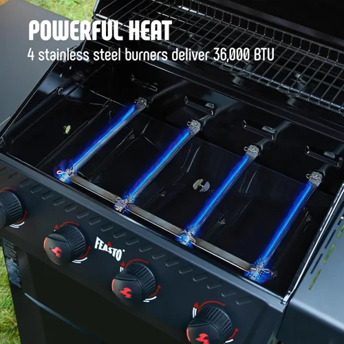 Miniatura 4 de Feasto Parrilla de barbacoa de gas de 4 quemadores con mesas laterales, parrilla de propano para exteriores de 36,000 BTU con cuerpo de cámara