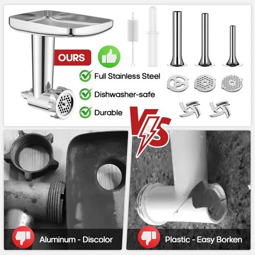 Miniatura 2 de Accesorios de acero inoxidable para molinillo de alimentos para batidoras de pie KitchenAid, incluyendo relleno de salchichas, acero inoxidable
