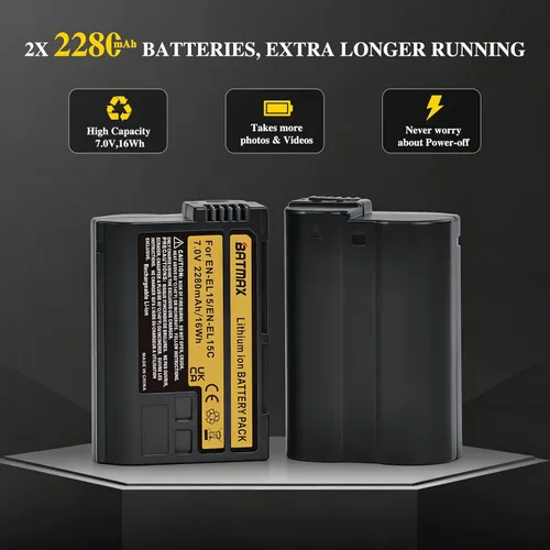 Miniatura 3 de Batmax 2 baterías EN-EL15C EN-EL15C de 2280 mAh + cargador USB LED con puerto tipo C para Nikon EN-EL15A EL15b Z5, Z6, Z8, Z6 II, Z7II, D780, D850