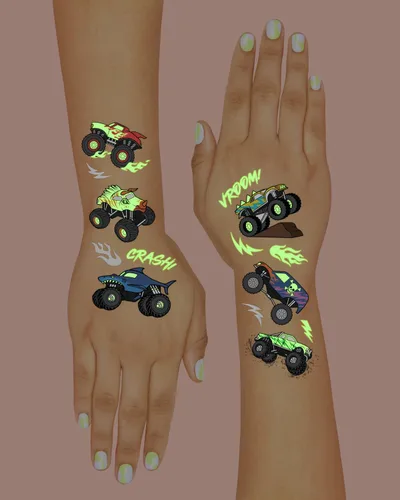 Miniatura 4 de xo, Fetti Tatuajes temporales de camión monstruo que brillan en la oscuridad, 50 estilos de aluminio, decoraciones de fiesta de cumpleaños