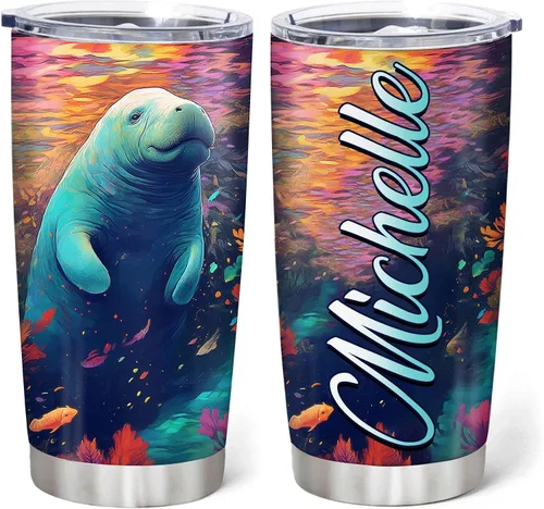 Miniatura 11 de Hyturtle Regalos personalizados para amantes de los manatíes, vaso de acero inoxidable con nombre personalizado de 20 onzas con tapa, idea de lindos