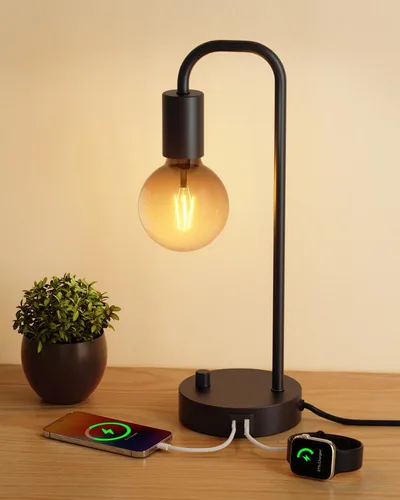 Miniatura 9 de ONEWISH Lámpara de mesa industrial para dormitorio, lámparas de noche modernas totalmente regulables con bombilla de luz cálida de 2700K