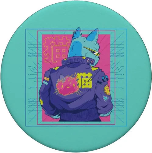 Miniatura 3 de Outrun Cyberpunk Cat 90s 80s Glitch Vaporwave Japanese PopSockets PopSockets intercambiables PopGrip