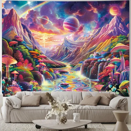 Miniatura 5 de Lahasbja Blacklight Galaxy Planet Tapiz UV Reactive Hongo Colgante de Pared Fantasía Estrellas Estrelladas Paisaje Montaña Paisaje Luz Negra Póster