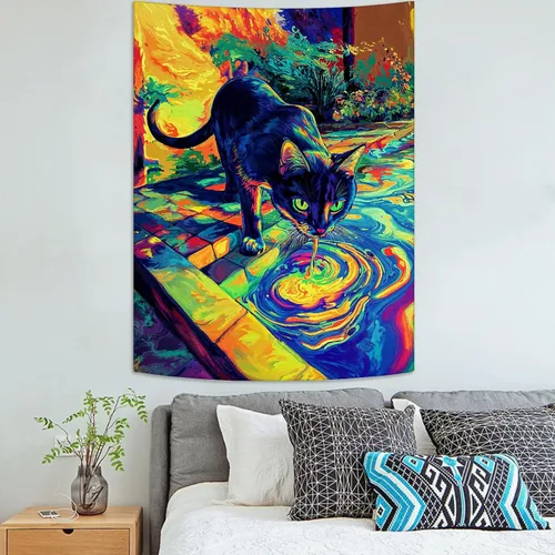 Miniatura 6 de Spenlife Blacklight - Fantástico tapiz de gato negro, tapiz de pared de gato reactivo que brilla con rayos UV para decoración de habitación, tapiz