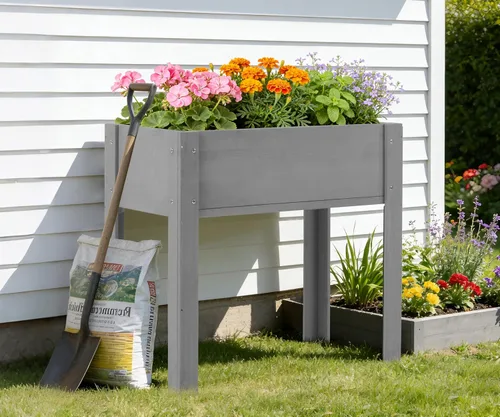 Miniatura 2 de Cama de jardín elevada con patas (31 x 16 x 31 pulgadas), maceta elevada de madera maciza para exteriores Gris