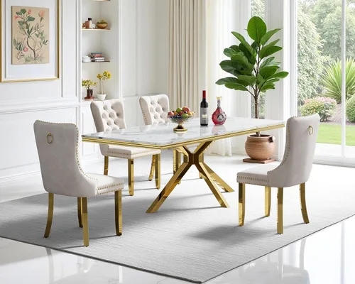 Miniatura 11 de Juego de mesa de comedor de mármol para 6, mesa de cocina rectangular de mármol blanco de 70 pulgadas con patas en X de acero inoxidable dorado