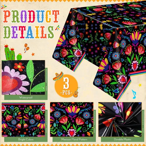 Miniatura 3 de Domensi 1 mantel mexicano de 54 x 108 pulgadas, mantel de fiesta de plástico Cielito Lindo desechable, funda de mesa con mandala y flor para taco