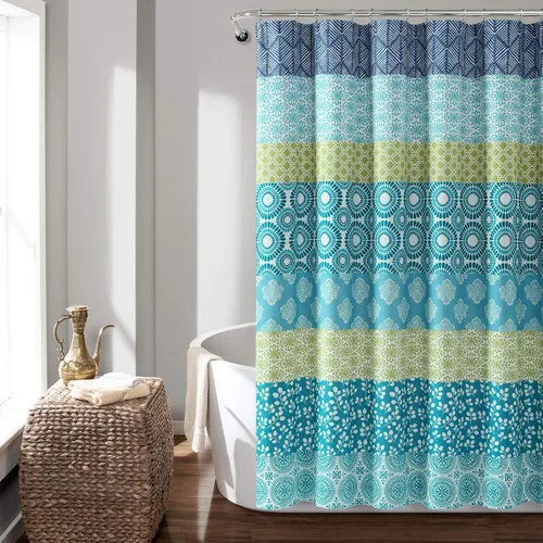 Lush Decor Cortina de ducha con rayas bohemias de 72 pulgadas de ancho x 72 pulgadas de largo, color azul y verde, cortina de baño a rayas,