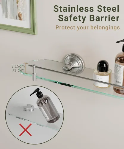 Miniatura 2 de Estante de vidrio de 20 pulgadas para baño, estantes de vidrio de baño de níquel cepillado montados en la pared, estantes de vidrio flotantes