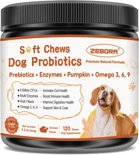 Probióticos para perros, probióticos para perros para la salud digestiva, además de calabaza y aceite de pescado, para intestino y picazón, 120