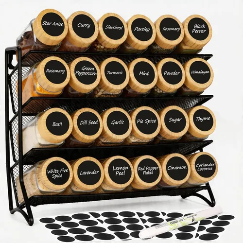 DIDITIME Organizador de especias con 24 tarros de vidrio y 60 etiquetas, organizador de condimentos de 4 niveles para gabinete, encimera, despensa o