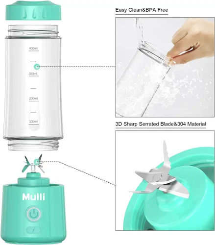 Miniatura 2 de Mulli Batidora portátil, mezclador personal recargable por USB para batidos y batidos, mini licuadora con seis cuchillas para alimentos de bebé, Azul