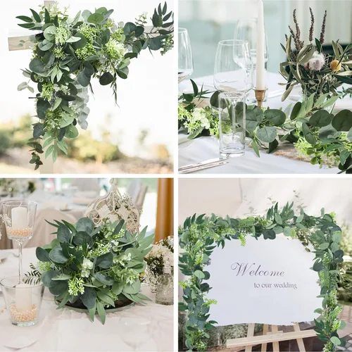 Miniatura 7 de Guirnalda de Eucalipto de 6 Pies, Enredaderas de Vegetación Artificial de Hiedra Tupida Mejorada con Flores Gypsophila y Hojas de Sauce