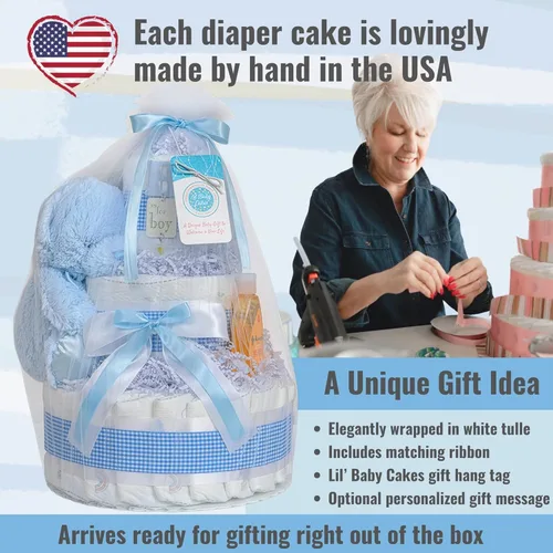 Miniatura 3 de Lil' Baby Cakes Pastel de Pañales Azul para Niño - Hace un Hermoso Regalo para Bebé Niño - Adorable y Práctico - Hecho a Mano con 42 Pañales