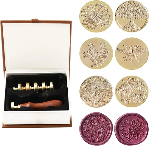 Ailtuer - Juego de sellos de cera, 6 cabezales de sello de cera de sellado de la serie Plant + 1 empuñadura de madera, kit de sellos de cera vintage