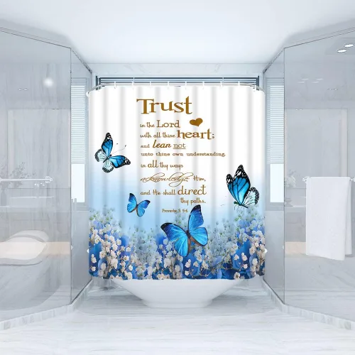 Miniatura 2 de GCTNBJL Cortina de ducha con cita inspiradora, diseño de mariposa y flores azules y verde azulado con texto en inglés "Trust in the Lord