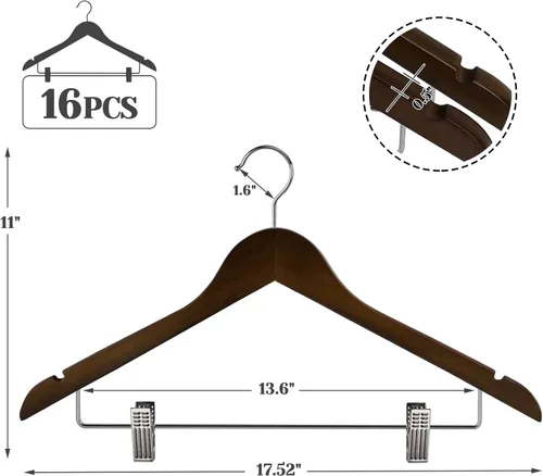 Miniatura 2 de Perchas de madera con clips, paquete de 16 perchas de madera para faldas con clips, perchas de madera de nogal seleccionada de alta calidad