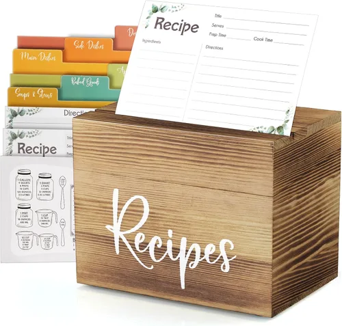 Miniatura 10 de DRASTAR Caja de tarjetas de recetas, soporte para recetas de acacia de 4 x 6, organizador de recetas con 50 tarjetas y 6 divisores, caja de tarjetas