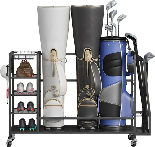 HOOBRO Golf Bag Storage Garage Organizer, Golf Bag Storage Stand Fits 3 Golf Bags and Golf Equipment Rack with Wheels, Extra Storage Rack for
