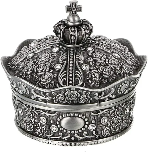 Hipiwe Joyero vintage, diseño de corona antigua, organizador de almacenamiento de cofre del tesoro, aretes de metal, estuche de soporte de anillos,