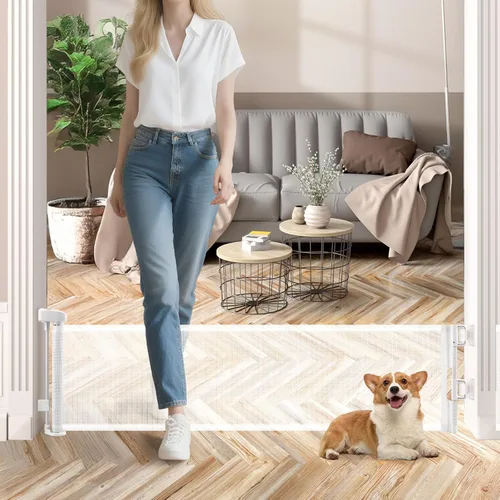 Miniatura 10 de Puerta corta para perro, puertas retráctiles para perros de 14 pulgadas de alto, puerta retráctil de malla para mascotas, extendida hasta 55
