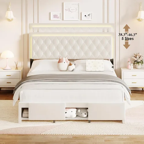 Miniatura 7 de Base de cama tamaño matrimonial con cabecera capitoné con botones, base de cama tapizada con luces LED, estación de carga, almacenamiento