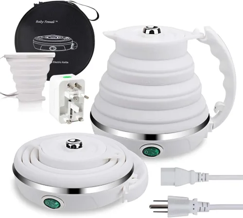 Miniatura 10 de ShineMe - Hervidor de agua eléctrico portátil ultrafino de silicona de grado alimenticio de doble voltaje de 110-220 V con taza, adaptador universal