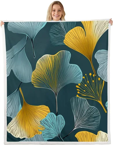 Manta de hojas de Ginkgo de color amarillo, verde azulado, Ginkgo Biloba, manta de forro polar para niños y niñas, manta botánica de 40 x 50