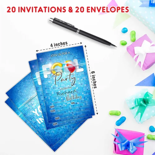 Miniatura 2 de AWSICE Invitaciones de fiesta en la piscina, tarjetas de invitación de relleno de doble cara para fiesta de cumpleaños, 20 invitaciones con sobres
