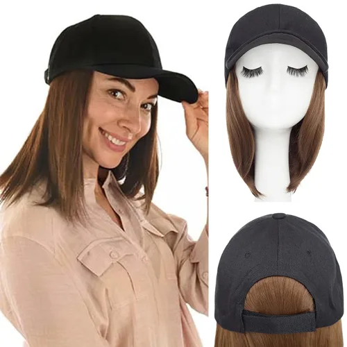 Miniatura 16 de S-noilite Peluca de gorra de béisbol de 6 pulgadas con peinado Bob y extensiones de cabello, gorra de béisbol recta ajustable para mujer
