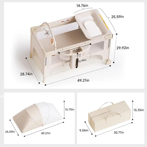 Miniatura 3 de 4 en 1 Cuna para bebé, lista para jugar, moisés junto a la cama, cuna para bebé con cambiador de pañales, mosquitero, almacenamiento inferior y Beige