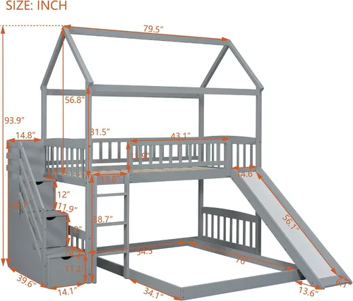 Miniatura 2 de Actual Literas de casa con tobogán, litera de madera maciza individual sobre cama individual con escaleras, techo, barandillas, cama alta de madera