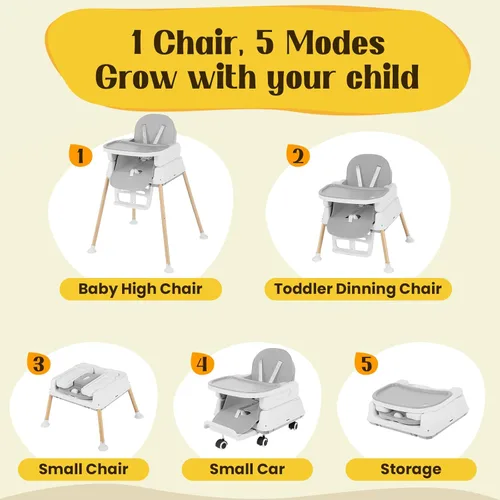 Miniatura 4 de Silla alta 5 en 1 para bebé, silla elevadora convertible y de juego, portátil, plegable, ligera, fácil de limpiar con bandeja, para bebés de 6 a 36