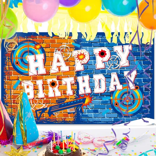 Miniatura 4 de Tatuo Fondo de pistola de feliz cumpleaños, decoración de fiesta, suministros de dardos, fondo de batalla, agua para decoración temática de fiesta