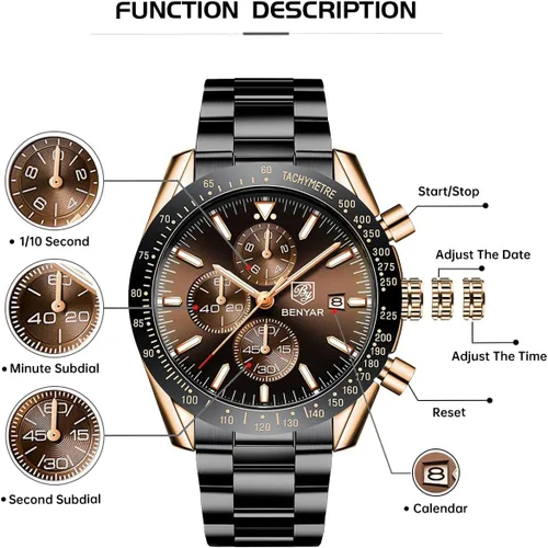 Miniatura 7 de BENYAR Reloj analógico de cuarzo cronógrafo impermeable luminoso de diseñador para hombre, reloj de pulsera para hombre, para negocios, trabajo