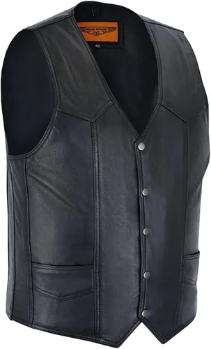 Dream Apparel Chaleco de cuero para hombre de motocicleta, chaleco de motociclista negro con 6 bolsillos y cordones laterales