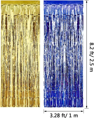 Miniatura 2 de Paquete de 4 cortinas metálicas con flecos para decoración de cumpleaños, bodas, Navidad Azul y dorado