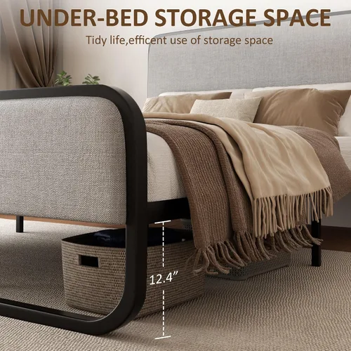 Miniatura 7 de Sismplly Base de cama tapizada de tamaño matrimonial con cabecero y estribo curvos, listones de metal resistente, almacenamiento debajo de la cama