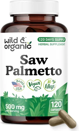 Miniatura 10 de Wild & Organic Cápsulas Saw Palmetto de 500 mg - Soporte del tracto urinario para hombres y mujeres - Suplemento en polvo de palma enana pura