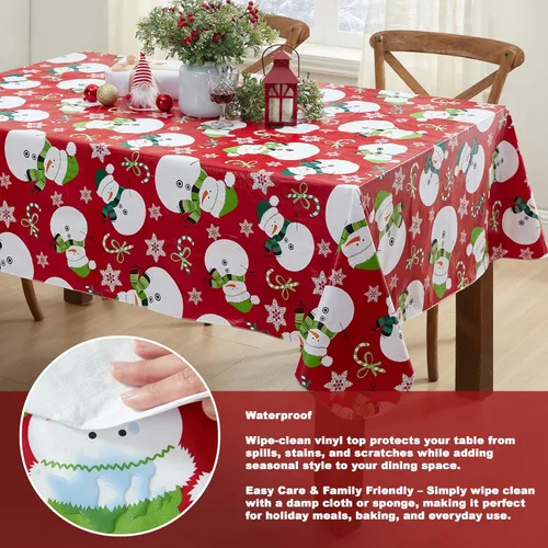 Miniatura 3 de Newbridge Mantel de vinilo navideño con diseño de muñeco de nieve rojo con reverso de franela, bastón de caramelo y copos de nieve, mantel de vinilo