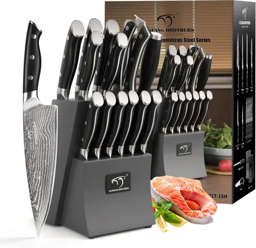 Miniatura 7 de Damascus - Juego de cuchillos de cocina de 15 piezas con bloque, mango ergonómico de ABS para juego de cuchillos de chef y cuchillos de carne
