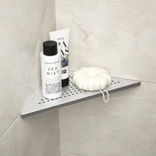 Miniatura 14 de Estante de Ducha de Esquina, Acero Inoxidable 304 Negro Mate de 10 pulgadas con Rejilla Empotrada para Pared de Azulejos, Estante de Baño Empotrado