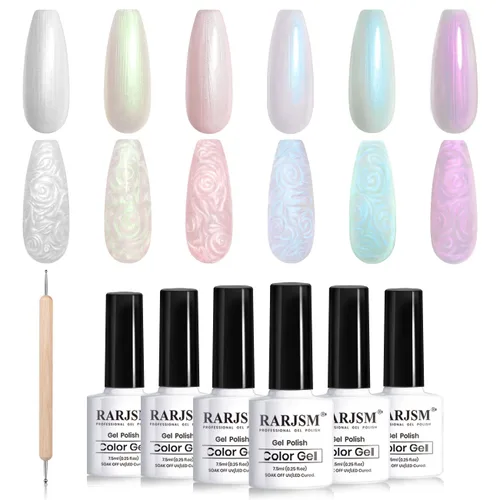 RARJSM - Juego de esmaltes de uñas de gel perla, 6 colores: concha nacarada, purpurina, blanco, oro, rosa, verde, púrpura, con brillo de sirena,