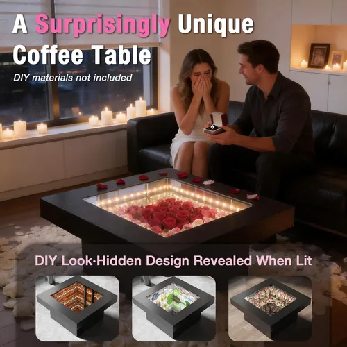 Miniatura 3 de FKWin Mesas de centro modernas negras – Mesa de centro cuadrada con espejo de profundidad infinita con luces LED, mesa negra para sala de estar